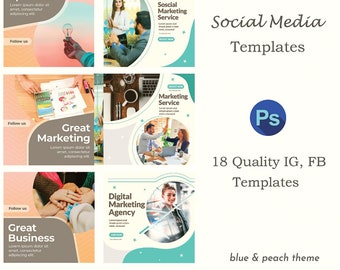 18 Small Business Social Media Templates for Photoshop | Blue & Peach Theme | Instagram Post Templates | Beautiful Social Media Templates