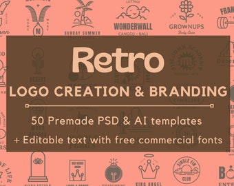 Retro Logo Creation Kit for Adobe Illustrator and Photoshop  - Templates Design Set - 50+ Premade Logos - AI, PSD SVG files - 100+ Elements