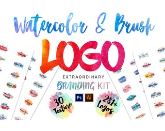 Kit de marca de logotipos de acuarela y pincel para Adobe Illustrator y Photoshop - Más de 281 logotipos prefabricados - Archivos AEP, PNG, PSD - 30 texturas