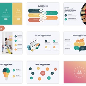 May include: A presentation slide deck with a multicolor theme. The slides feature various diagrams and infographics, including a puzzle diagram, a mind map diagram, and a diagram section. The slides also include text such as "Our Services", "Export Infographic", and "Diagram Section".