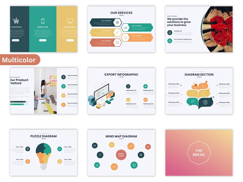 May include: A presentation slide deck with a multicolor theme. The slides feature various diagrams and infographics, including a puzzle diagram, a mind map diagram, and a diagram section. The slides also include text such as "Our Services", "Export Infographic", and "Diagram Section".