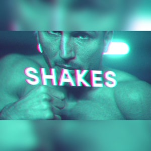 May include: A digitally enhanced image featuring a muscular person with the word "SHAKES" in a 3D effect. The text is white with red and blue outlines, set against a teal and dark background.