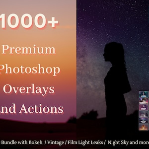 Könnte beinhalten: Eine digitale Illustration eines sternenklaren Nachthimmels mit einer Silhouette einer Person im Vordergrund. Der Text "1000+ Premium Photoshop Overlays and Actions" wird in einem rosa Kasten auf der linken Seite des Bildes angezeigt. Der Text "Ps" wird in einem blauen Kasten auf der rechten Seite des Bildes angezeigt. Der Text "Premium Bundle with Bokeh / Vintage / Film Light Leaks / Night Sky and more overlays" wird am unteren Rand des Bildes angezeigt.