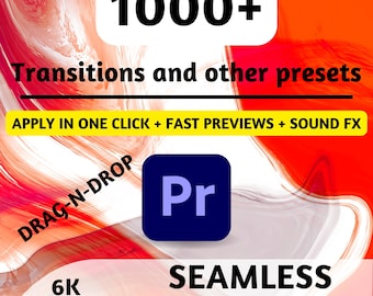 Más de 1000 transiciones de vídeo perfectas para Premiere Pro Arrastre y suelte elementos 4K 6K, aplique con un solo clic + Vistas previas rápidas + Efectos de sonido/zoom, giro