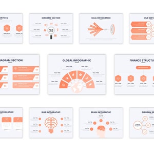 May include: A set of 10 infographic slides with various layouts and icons. The slides are designed for business presentations and include topics such as our services, diagram section, goal infographic, finance structure, four steps infographic, bulb infographic, brain infographic, and global infographic.