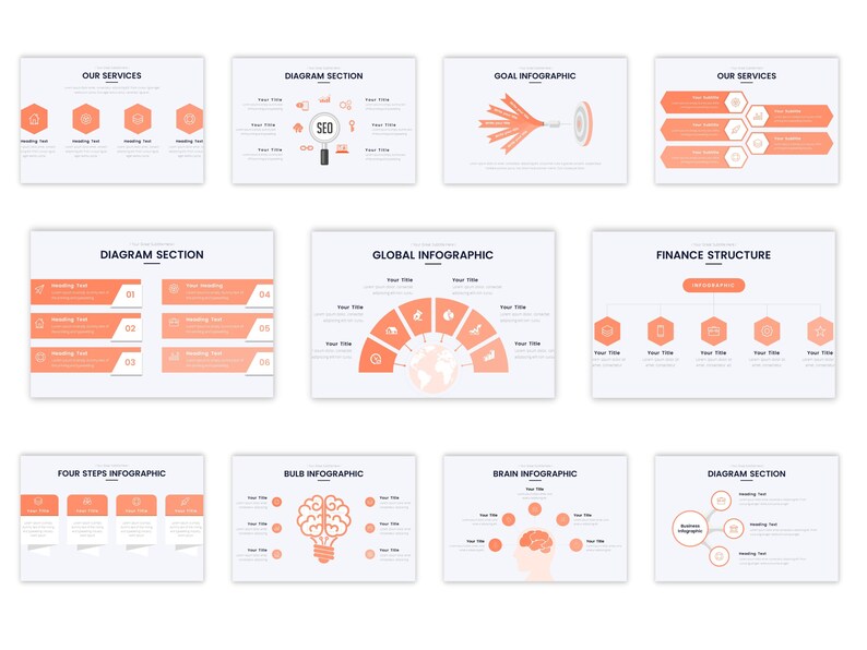 May include: A set of 10 infographic slides with various layouts and icons. The slides are designed for business presentations and include topics such as our services, diagram section, goal infographic, finance structure, four steps infographic, bulb infographic, brain infographic, and global infographic.