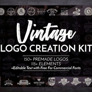 Zestaw do tworzenia logo w stylu vintage dla programów Adobe Illustrator i Photoshop — zestaw projektów — ponad 150 gotowych logotypów — pliki AEP, PNG, PSD — ponad 115 elementów