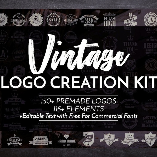 Vintage Logo Creation Kit for Adobe Illustrator and Photoshop  - Design Set - 150+ Premade Logos - AEP, PNG,PSD files - 115+ Elements