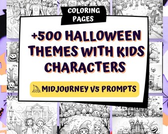 Más de 500 solicitudes de Halloween Midjourney AI para niños Libro de páginas para colorear, temas, diseños POD, acceso instantáneo, arte digital, copiar y pegar, ChatGPT