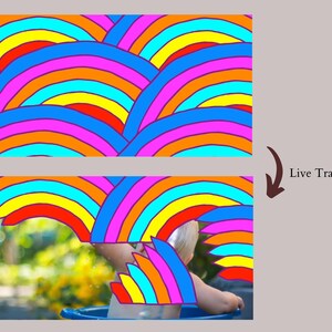 May include: A colorful rainbow pattern with alternating colors of blue, pink, orange, yellow, and red. The pattern is shown in two different positions, with the second position showing the pattern partially covering a child sitting in a blue bucket.