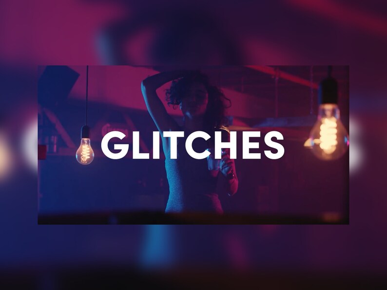 May include: Image with the word "GLITCHES" in white block letters. A person is in the background with their arm raised. Two light bulbs hang from the ceiling, illuminating the scene with a warm glow. The background is a mix of purple and blue.