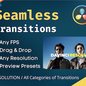 K&ouml;nnte beinhalten: Werbegrafik mit dem Titel "Seamless Transitions" in Gelb und Wei&szlig;. Enth&auml;lt die Funktionen "Any FPS", "Drag & Drop", "Any Resolution" und "Preview Presets". Der Text "DAVINCI RESOLVE" und "4K RESOLUTION / All Categories of Transitions" sind ebenfalls enthalten.