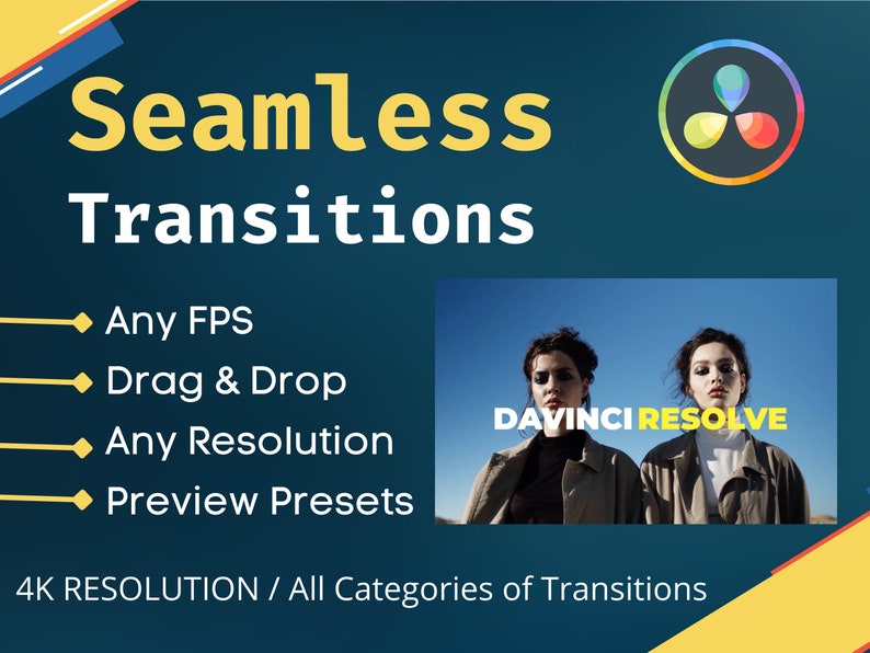 K&ouml;nnte beinhalten: Werbegrafik mit dem Titel "Seamless Transitions" in Gelb und Wei&szlig;. Enth&auml;lt die Funktionen "Any FPS", "Drag & Drop", "Any Resolution" und "Preview Presets". Der Text "DAVINCI RESOLVE" und "4K RESOLUTION / All Categories of Transitions" sind ebenfalls enthalten.