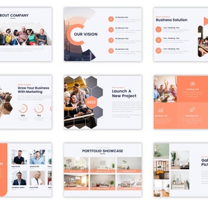 May include: A presentation slide deck with a modern design featuring a variety of images and text. The slides include information about a company, its vision, business solutions, marketing strategies, a new project launch, and a portfolio showcase. The slides are designed in a clean and professional style with a color scheme of white, gray, and orange.