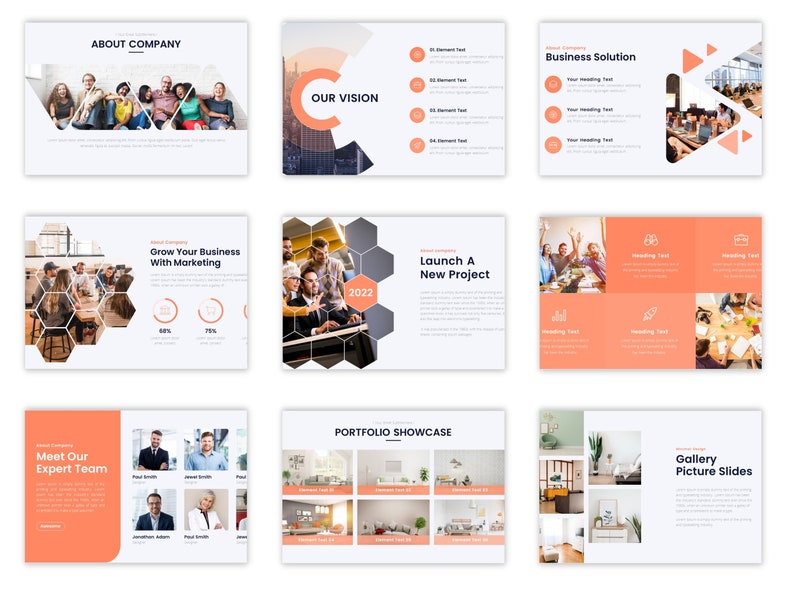 May include: A presentation slide deck with a modern design featuring a variety of images and text. The slides include information about a company, its vision, business solutions, marketing strategies, a new project launch, and a portfolio showcase. The slides are designed in a clean and professional style with a color scheme of white, gray, and orange.