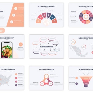 May include: A set of nine presentation slides with a multicolor theme. The slides include a global infographic, a diagram section, a business plan, a Mexico map sample, a USA map sample, a process diagram, and a funnel diagram. The slides are designed to be used for business presentations.