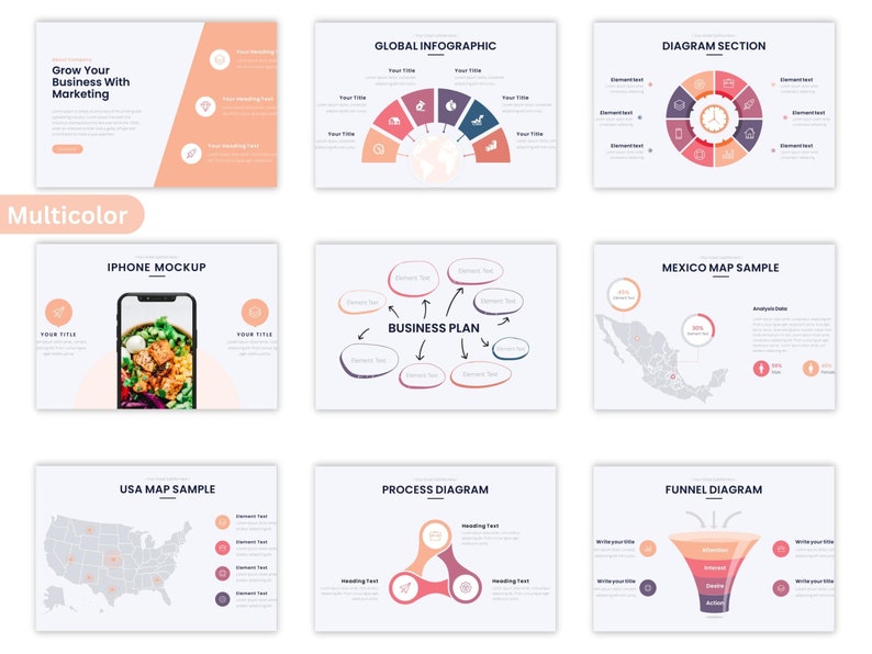 May include: A set of nine presentation slides with a multicolor theme. The slides include a global infographic, a diagram section, a business plan, a Mexico map sample, a USA map sample, a process diagram, and a funnel diagram. The slides are designed to be used for business presentations.