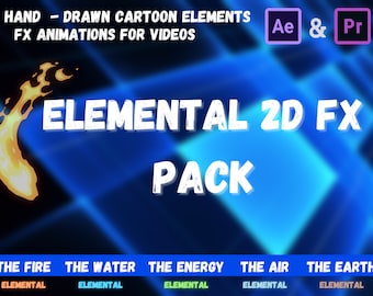 Más de 800 elementos FX 2D para animaciones de dibujos animados de Premiere Pro y After Effects para edición de vídeo Elementos de movimiento, fuego, agua, aire, energía y tierra