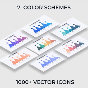 May include: Seven different color schemes for a chart infographic with five triangular shapes in each scheme. The text "CHART INFOGRAPHIC" appears on each chart. The text "1000+ VECTOR ICONS" appears at the bottom of the image.