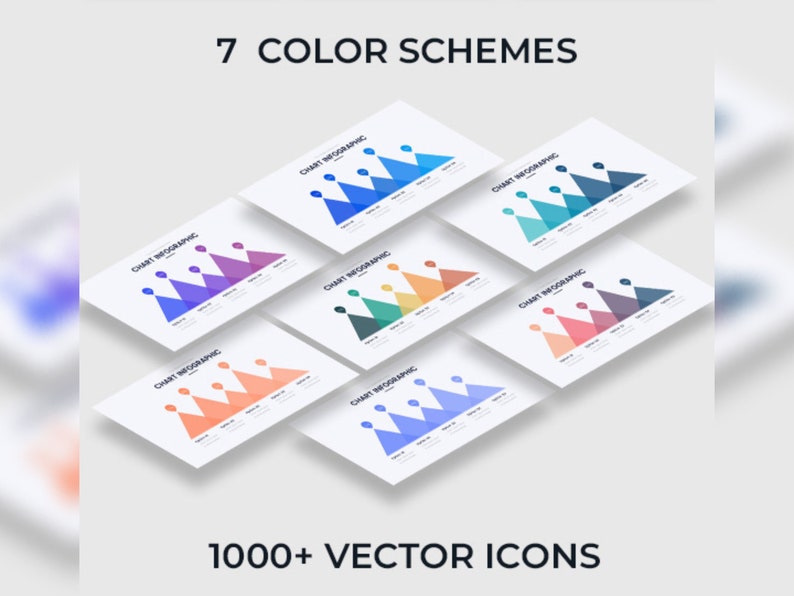 May include: Seven different color schemes for a chart infographic with five triangular shapes in each scheme. The text "CHART INFOGRAPHIC" appears on each chart. The text "1000+ VECTOR ICONS" appears at the bottom of the image.