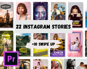 22 Historias de Instagram + 10 animaciones de deslizamiento hacia arriba para Adobe Premiere Pro / Plantillas Business Booster para transiciones de video en redes sociales