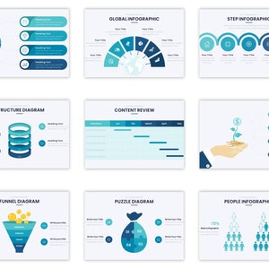 May include: Teal and blue infographic template with nine different charts and diagrams. The charts include a business infographic, global infographic, step infographic, structure diagram, content review, funnel diagram, puzzle diagram, and people infographic.