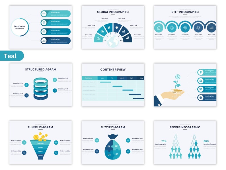 May include: Teal and blue infographic template with nine different charts and diagrams. The charts include a business infographic, global infographic, step infographic, structure diagram, content review, funnel diagram, puzzle diagram, and people infographic.