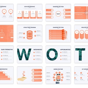 May include: A set of 12 presentation slides with various infographic templates. The slides feature a color scheme of orange, white, and green. The templates include step infographics, structure diagrams, process diagrams, SWOT analysis, pyramid infographics, mobile feature infographics, and IoT infographics.