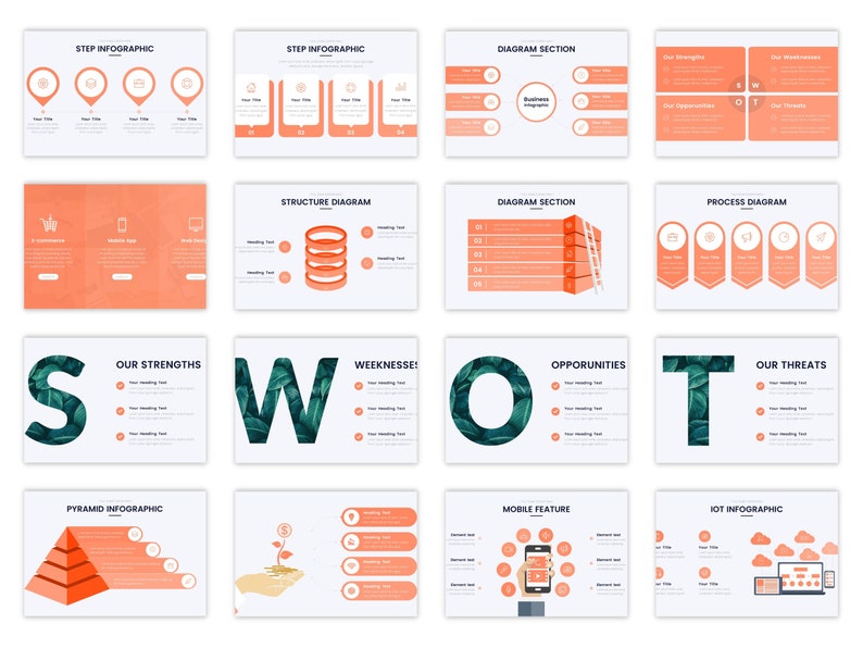 May include: A set of 12 presentation slides with various infographic templates. The slides feature a color scheme of orange, white, and green. The templates include step infographics, structure diagrams, process diagrams, SWOT analysis, pyramid infographics, mobile feature infographics, and IoT infographics.