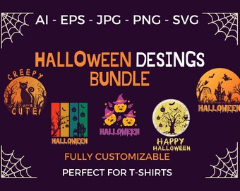 36 Gráficos de Halloween SVG, Adobe Illustrator, PNG, Conjunto de diseño POD de paquete de camisetas - Estilo de Halloween prefabricado espeluznante - Totalmente personalizable