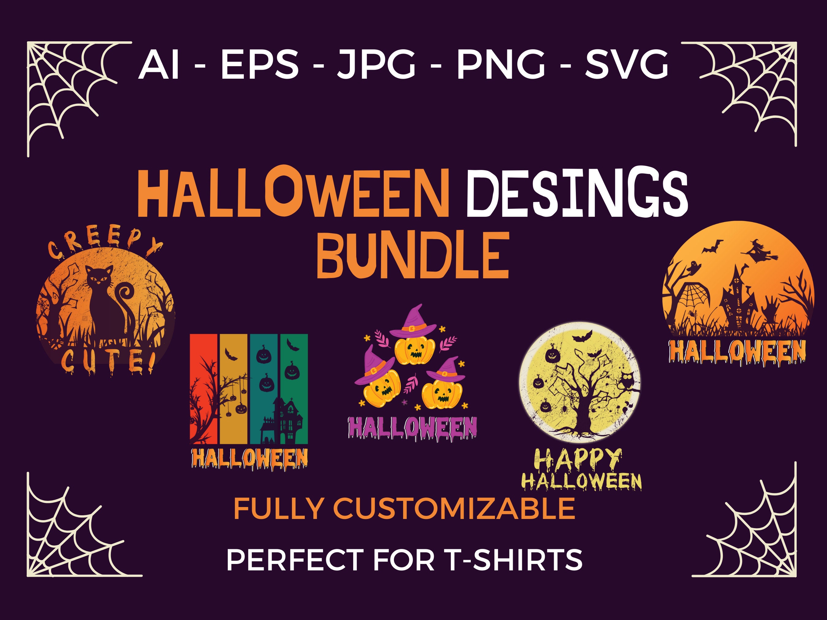 36 Halloween Graphics SVG, Adobe Illustrator, PNG, T-shirt Bundle POD Design Set - Premade Halloween Style Creepy - Fully Customizable