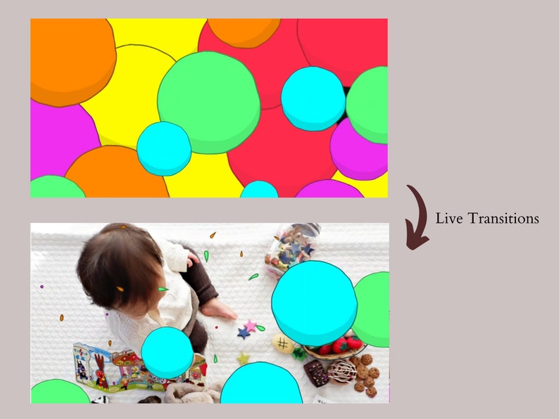 May include: A baby sits on a white blanket surrounded by colorful circles and confetti. The circles are blue, green, orange, pink, and yellow. The baby is wearing a white sweater and brown pants. The text "Live Transitions" is visible in the image.