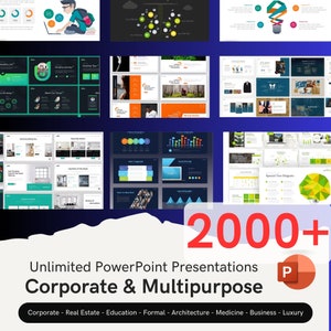 Puede incluir: Un collage de diapositivas de presentación de PowerPoint coloridas con una variedad de gráficos, tablas y diagramas. El texto "2000+ Presentaciones de PowerPoint ilimitadas Corporativas y multipropósito" se muestra en la parte inferior de la imagen. El texto "Corporativo - Bienes raíces - Educación - Formal - Arquitectura - Medicina - Negocios - Lujo" se muestra debajo del texto principal.