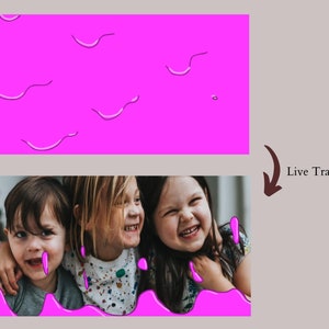 May include: Three children are smiling and laughing together. A pink, cartoon-style liquid is dripping down the edges of the image.