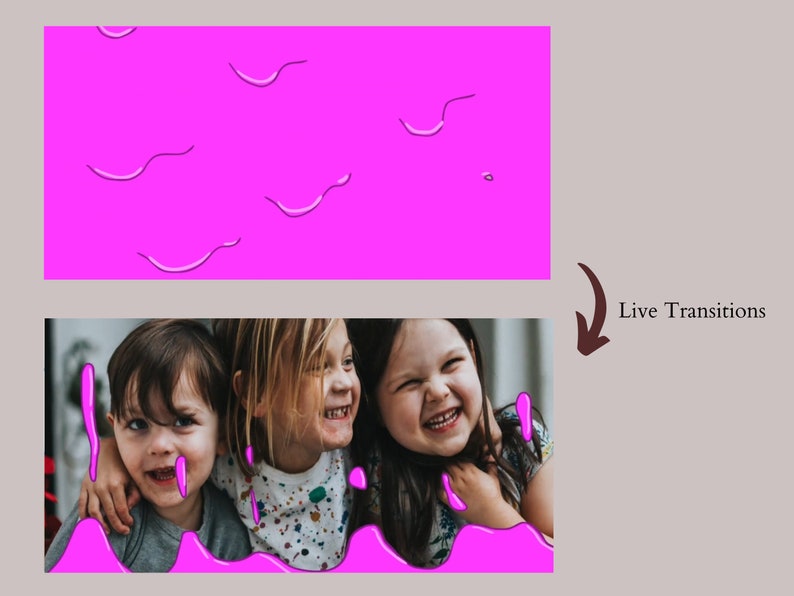 May include: Three children are smiling and laughing together. A pink, cartoon-style liquid is dripping down the edges of the image.
