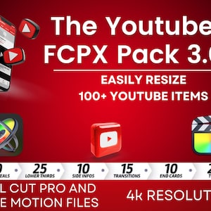 Peut inclure: Un graphique rouge et blanc avec le texte "The Youtuber FCPX Pack 3.0" et "EASILY RESIZE 100+ YOUTUBE ITEMS". Le graphique comprend également des icônes pour les révélations de logo, les tiers inférieurs, les infos latérales, les transitions, les cartes de fin et les titres. Le texte "FINAL CUT PRO AND APPLE MOTION FILES" et "4k RESOLUTION" est également inclus.