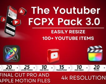 Paquete de Youtube para Final Cut Pro X FCPX: más de 100 elementos de apertura, títulos, fondos, transiciones de vídeo, enlaces de redes sociales/arrastrar y soltar