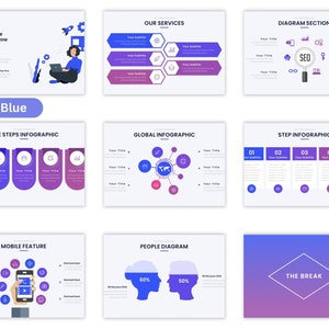 May include: A presentation template with a violet and blue color scheme. The template includes a variety of infographic elements, such as charts, graphs, and diagrams. The template is designed to be used for business presentations, reports, and proposals.