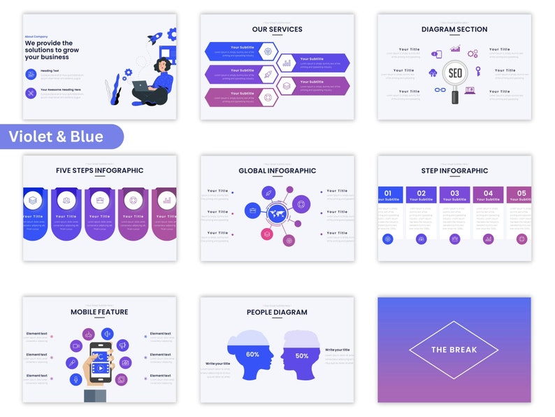 May include: A presentation template with a violet and blue color scheme. The template includes a variety of infographic elements, such as charts, graphs, and diagrams. The template is designed to be used for business presentations, reports, and proposals.