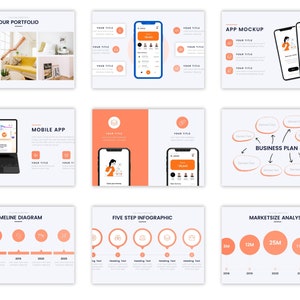 May include: A presentation slide deck with a variety of design elements, including a timeline diagram, a five-step infographic, and a market size analysis. The slides feature a consistent color scheme of orange and white.
