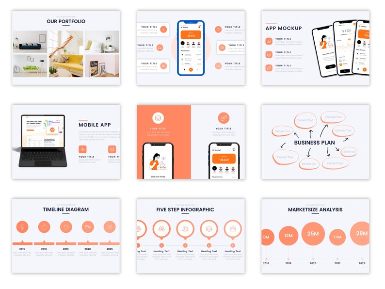 May include: A presentation slide deck with a variety of design elements, including a timeline diagram, a five-step infographic, and a market size analysis. The slides feature a consistent color scheme of orange and white.