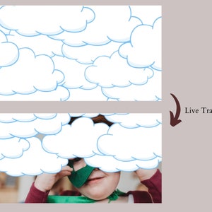 May include: A child wearing a green superhero mask and cape is partially obscured by a pattern of blue cartoon clouds. The text "Live Transitions" is visible in the upper right corner of the image.