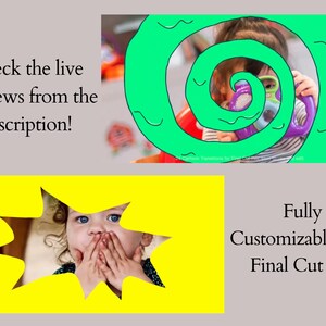 May include: A yellow starburst shape with a child's face peeking through the center. The child is covering their mouth with their hands. The text "Fully Customizable with Final Cut Pro" is in the bottom right corner of the image.