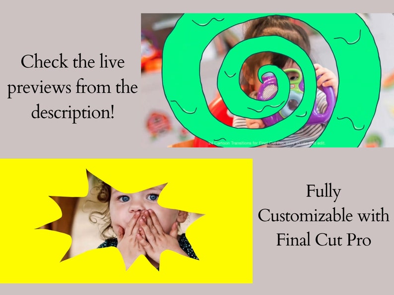 May include: A yellow starburst shape with a child's face peeking through the center. The child is covering their mouth with their hands. The text "Fully Customizable with Final Cut Pro" is in the bottom right corner of the image.