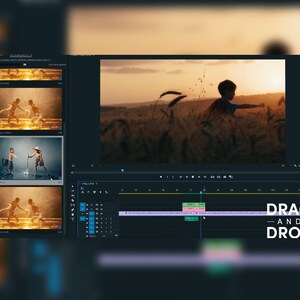 May include: A computer screen displaying video editing software with a timeline and video clips. The interface includes a "DRAG and DROP" label. The background shows a sunset scene with a child in a field.