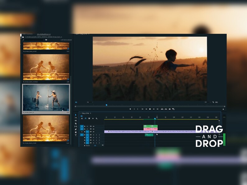 May include: A computer screen displaying video editing software with a timeline and video clips. The interface includes a "DRAG and DROP" label. The background shows a sunset scene with a child in a field.