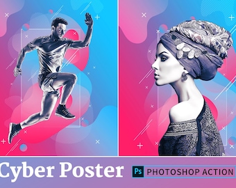 Póster de estilo cibernético - Acción de Photoshop - Efecto fotográfico digital - Herramienta de marketing - Totalmente personalizable - Artístico - Efecto retro / Marca