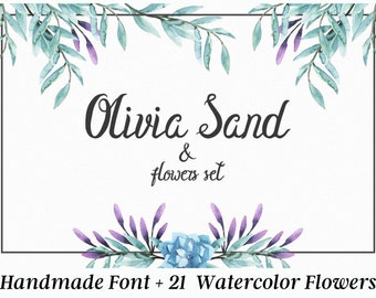 Zestaw czcionek Olivia Sand i Flowers do podpisów, logotypów, cytatów, okładek albumów, wizytówek /21 akwarelowych kwiatów/Nowoczesna ręcznie robiona czcionka