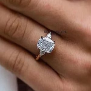 2 Ct Cushion Cut Lab Grown Diamond Ring, Side Pear Diamond, Three Stone Engagement Ring, Wedding Ring For Her,Diamond Promise Ring For Women