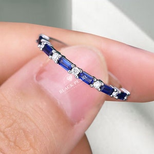 0.50 Ct Baguette Blue Sapphire & Round Cut Lab Grown diamond wedding band, half eternity minimalist band, CVD stacking ring, gift for her